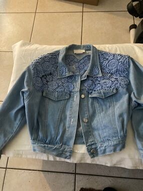 Light Blue Denim Jacket with Crochet Lace & Rhinestones M